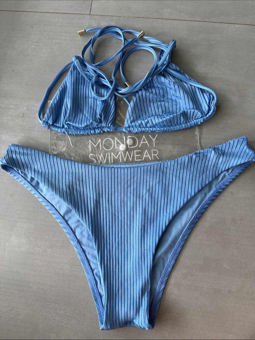 Monday Swimwear Sky Blue Ribbed Triangle Bikini Set